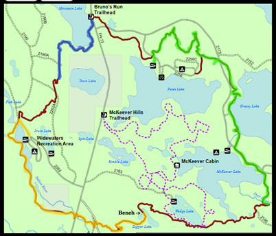 Bruno's Run Trail map, marked hiked sections
