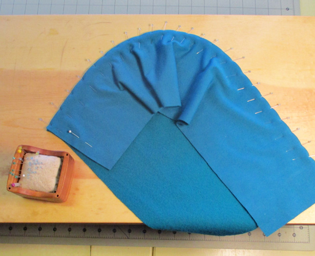 fleece hood pinned ready to sew